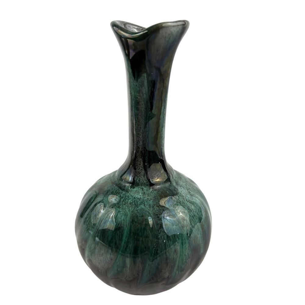 Vintage Blue Mountain Glazed Pottery Bud Table Vase 8" Green Blue